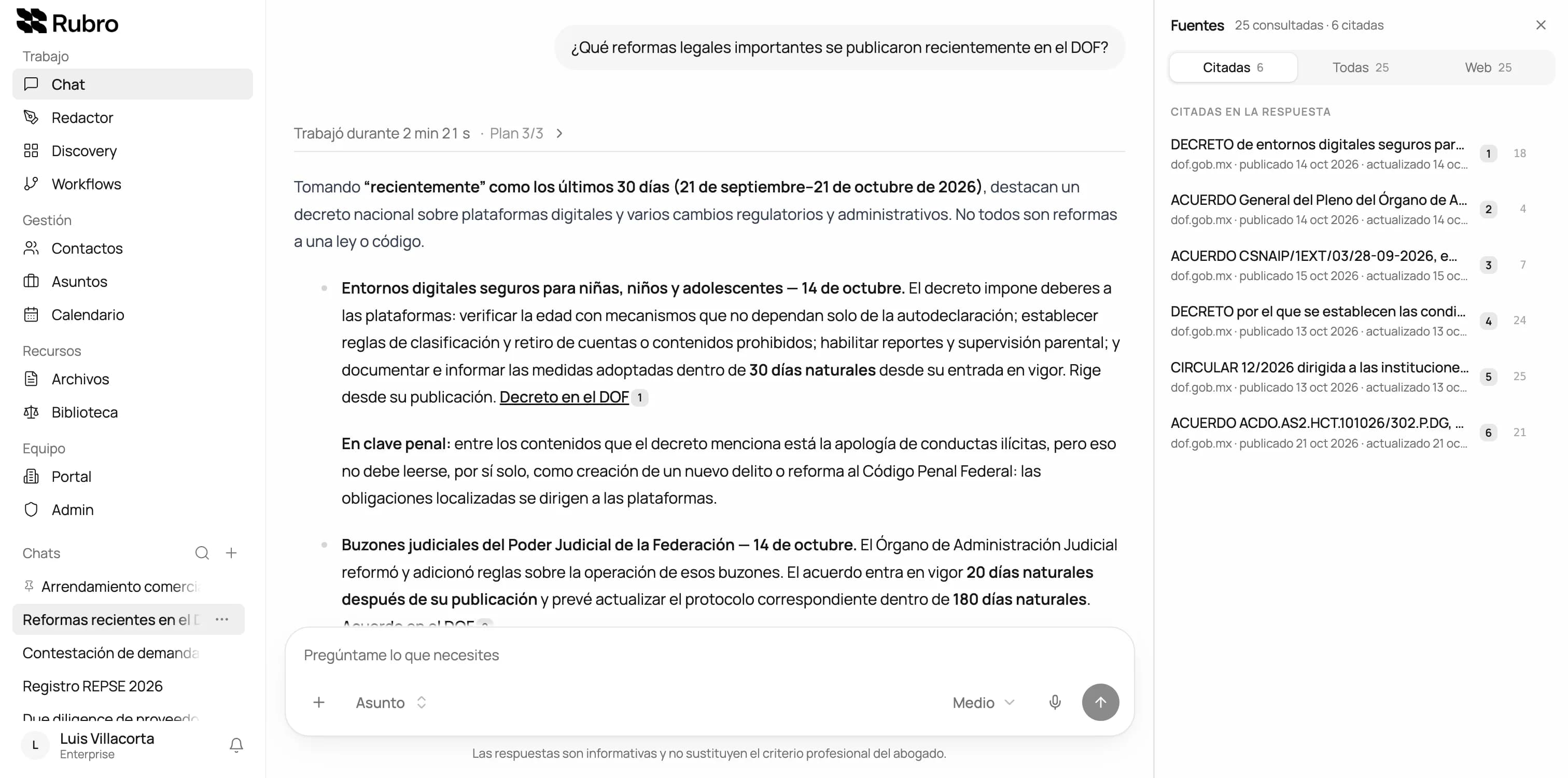 Asistente de Rubro: respuesta sobre las reformas recientes del DOF, con las publicaciones citadas en el panel de fuentes