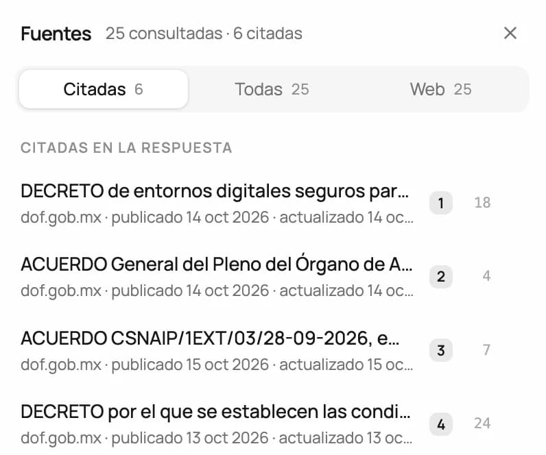 Panel de fuentes del Asistente: las publicaciones del DOF citadas en la respuesta, con su fecha