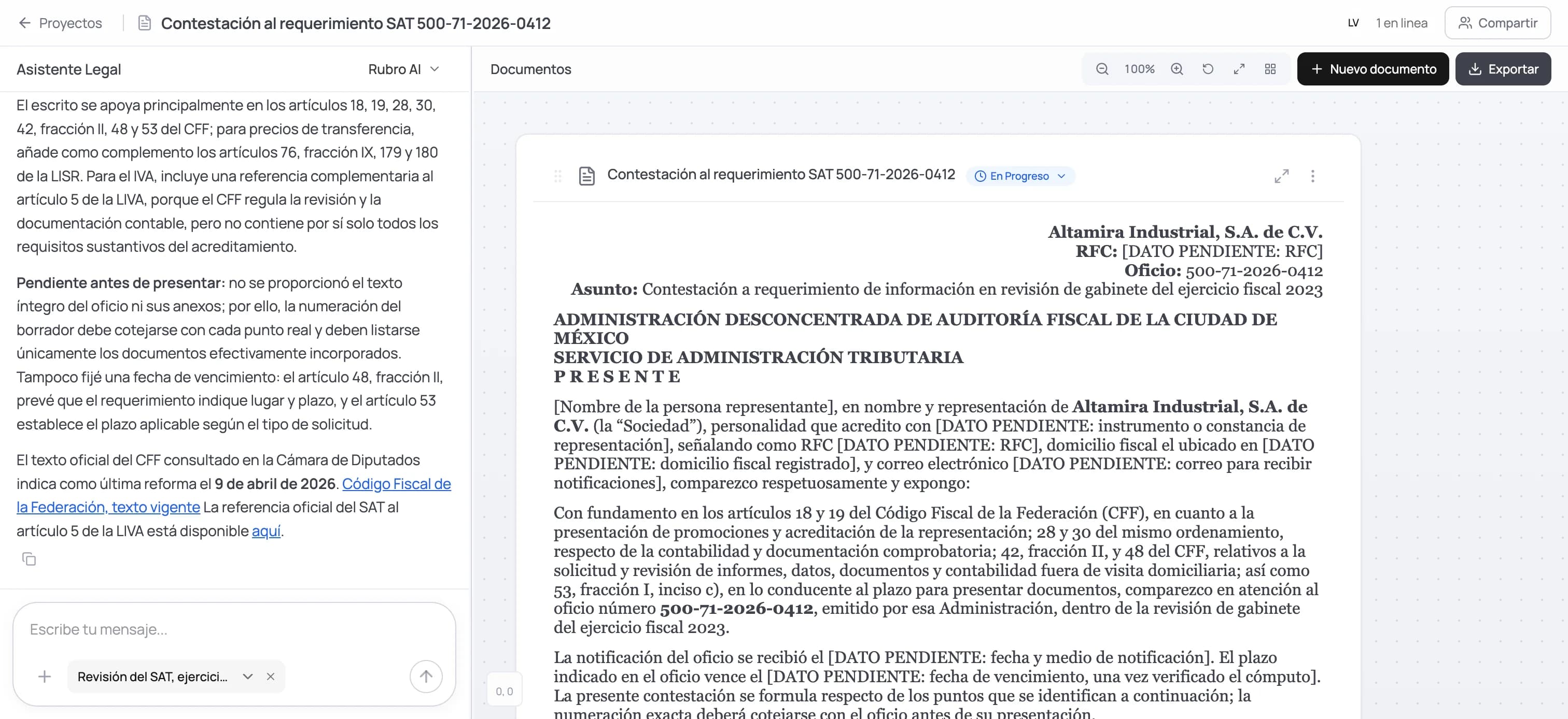 Redactor de Rubro: contestación a un requerimiento del SAT en el lienzo, con el Asistente Legal al lado